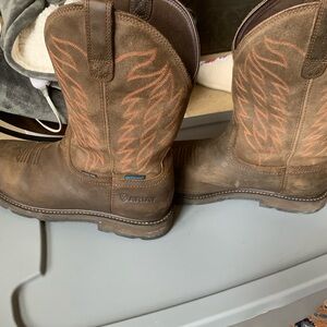 Ariat Brown Work Steel-Toe Waterproof Boots with Orange Logo Accent